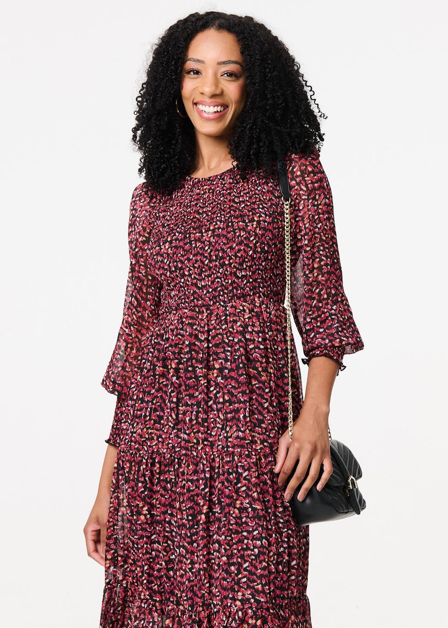 Izabel London Red Ditsy Floral Tier Puff Sleeve Midi Dress