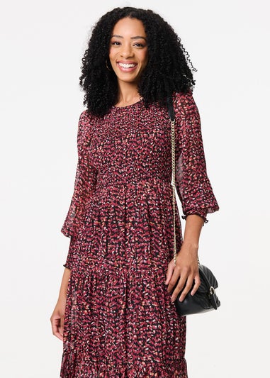 Izabel London Red Ditsy Floral Tier Puff Sleeve Midi Dress