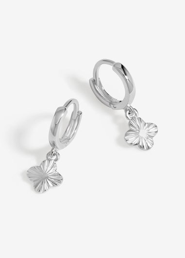 Simply Silver Sterling Silver 925 Polished Diamond Cut Clover Charm Hoop Earrings