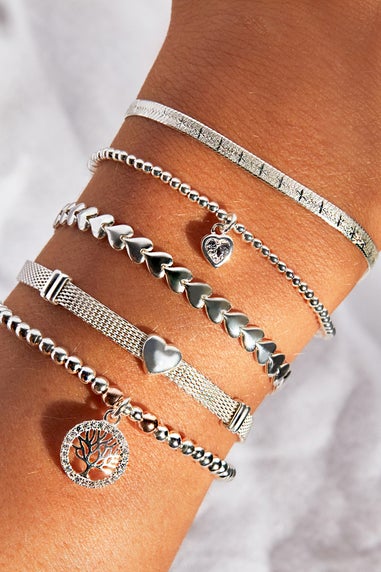 Sterling Silver 925 Silver Cubic Zirconia Heart Stretch Bracelet