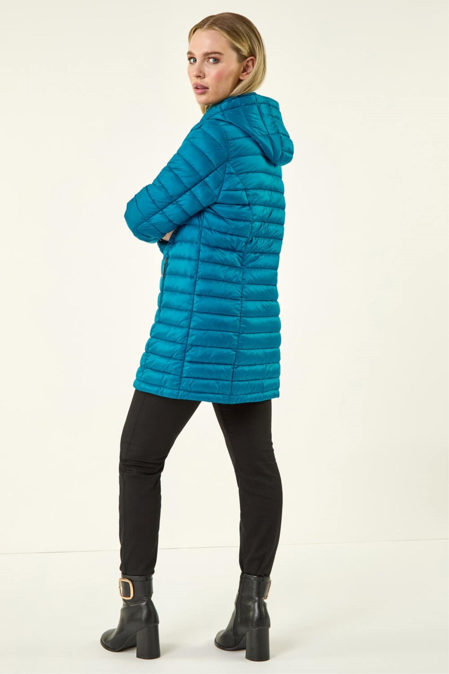 Roman Teal Petite Metallic Finish Quilted Puffer Coat