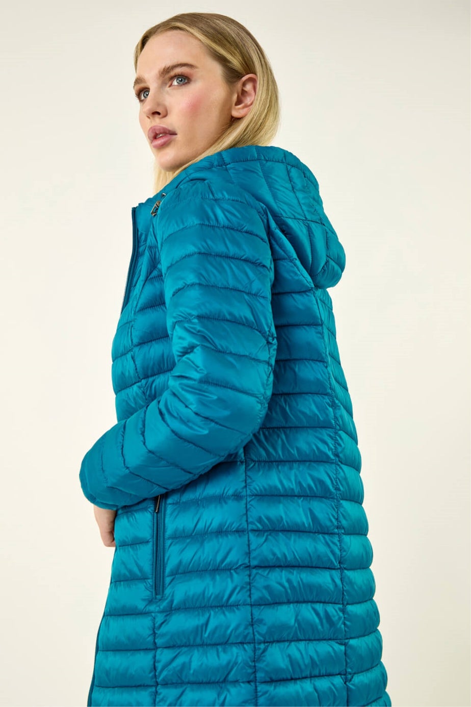 Roman Teal Petite Metallic Finish Quilted Puffer Coat