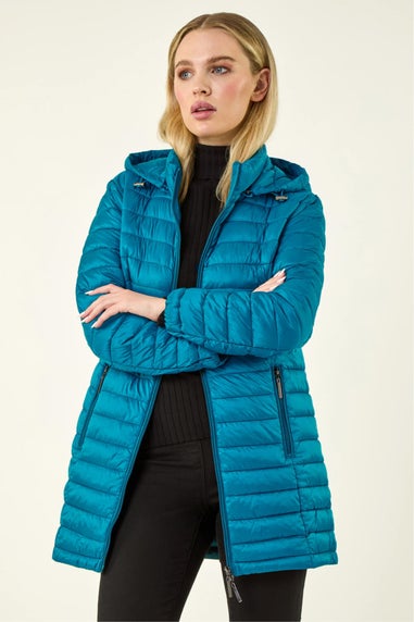 Roman Teal Petite Metallic Finish Quilted Puffer Coat
