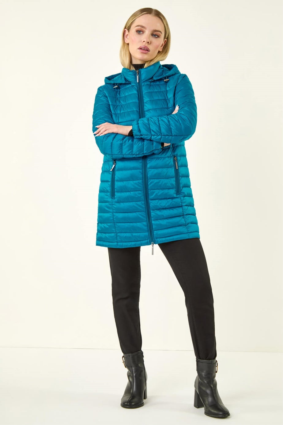 Roman Teal Petite Metallic Finish Quilted Puffer Coat