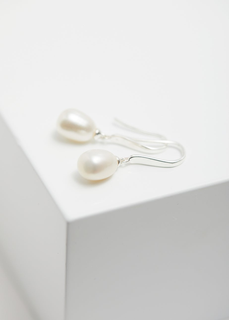 Sterling Silver 925 Freshwater Pearl Cubic Zirconia Sleek Drop Earrings