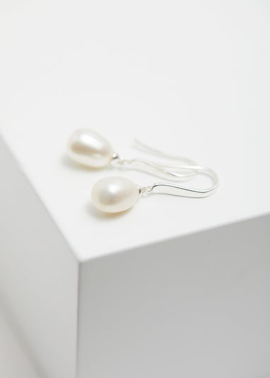 Sterling Silver 925 Freshwater Pearl Cubic Zirconia Sleek Drop Earrings