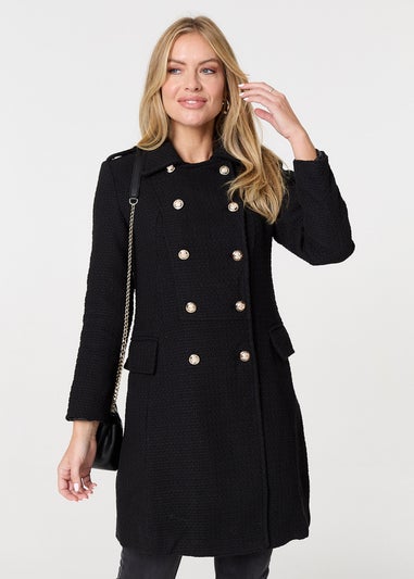 Izabel London Black Textured Knit Button Front Trench Coat