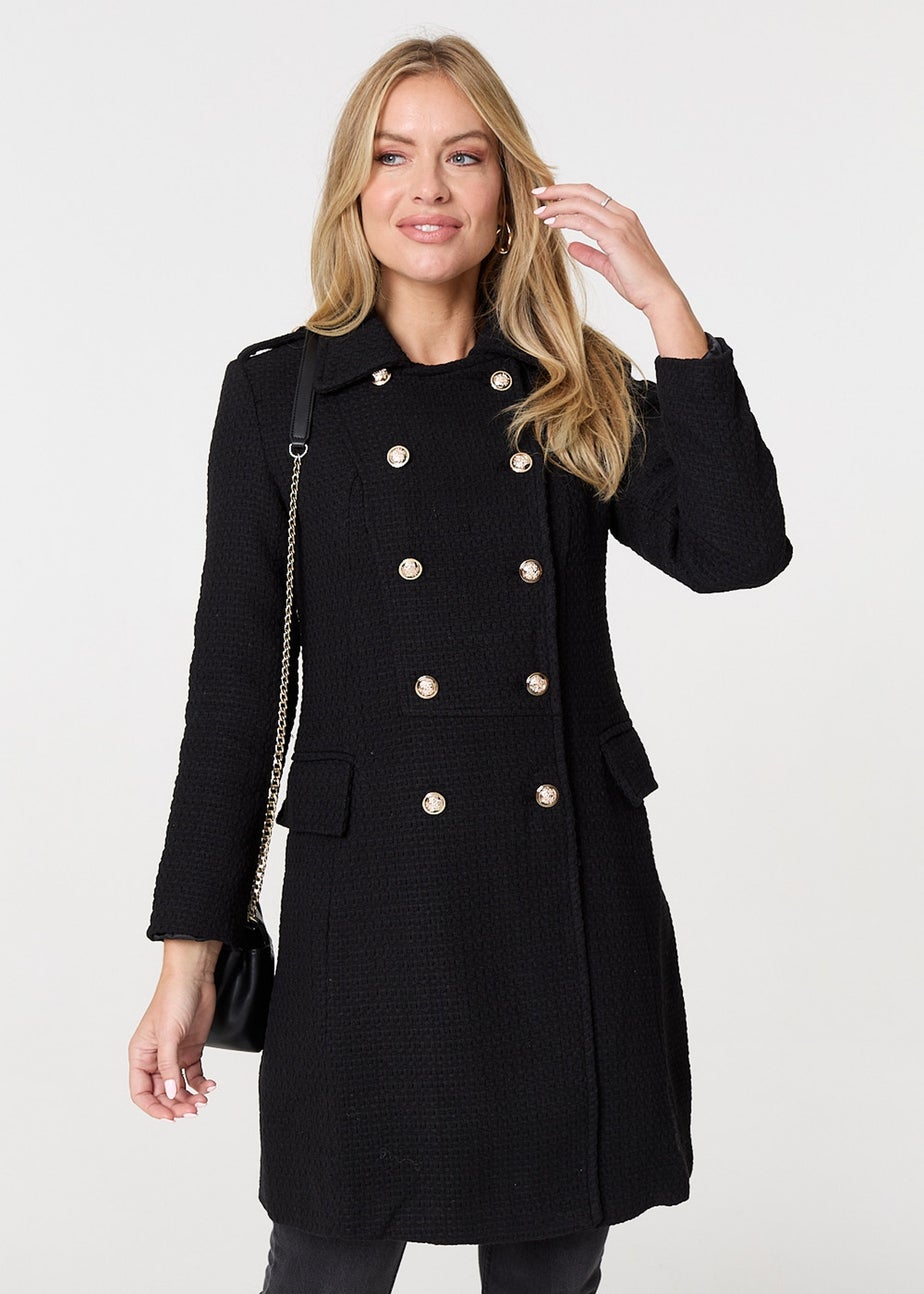 Izabel London Black Textured Knit Button Front Trench Coat