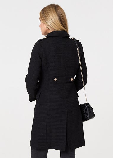 Izabel London Black Textured Knit Button Front Trench Coat
