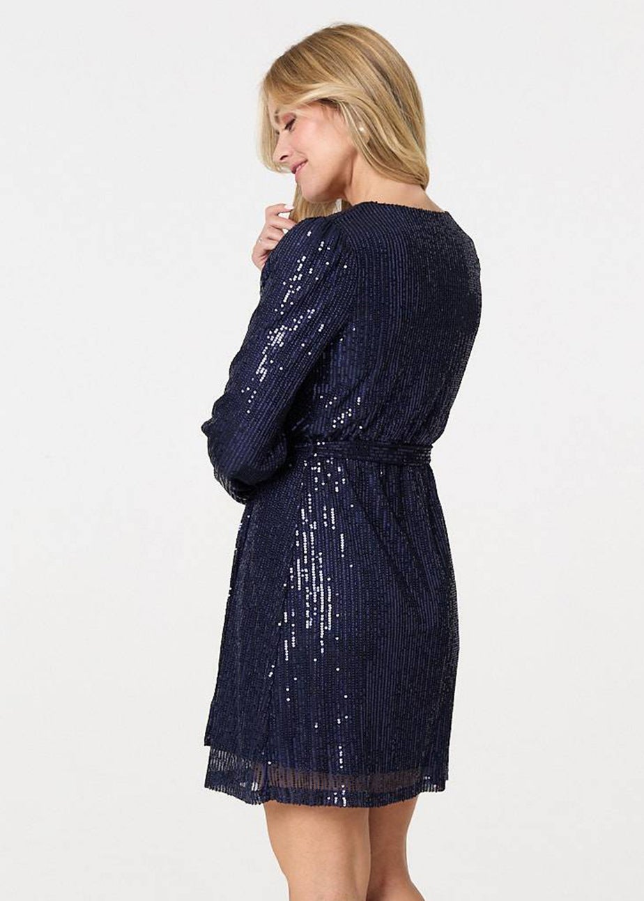 Izabel London Navy Sparkly Sequin Long Sleeve Mini Wrap Dress