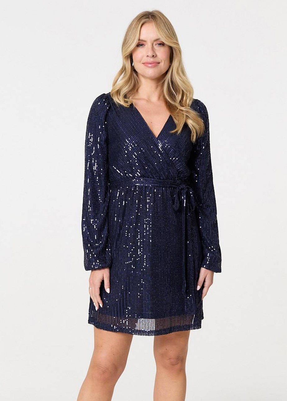 Izabel London Navy Sparkly Sequin Long Sleeve Mini Wrap Dress