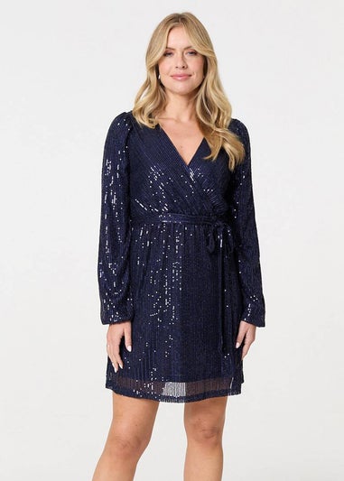 Izabel London Navy Sparkly Sequin Long Sleeve Mini Wrap Dress