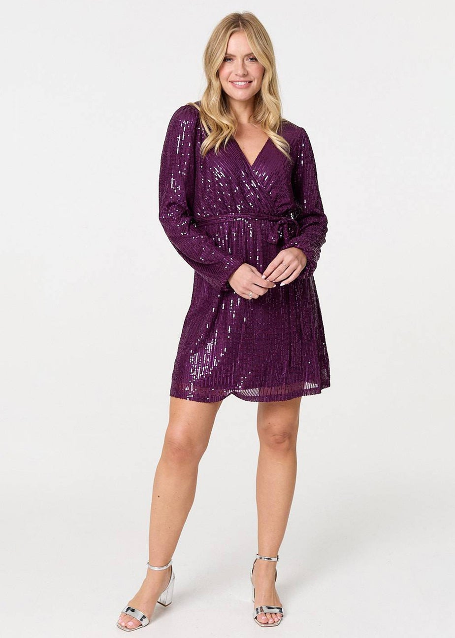 Izabel London Purple Sparkly Sequin Long Sleeve Mini Wrap Dress