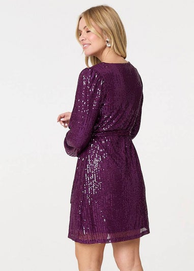 Izabel London Purple Sparkly Sequin Long Sleeve Mini Wrap Dress