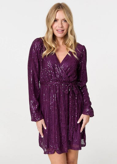 Izabel London Purple Sparkly Sequin Long Sleeve Mini Wrap Dress