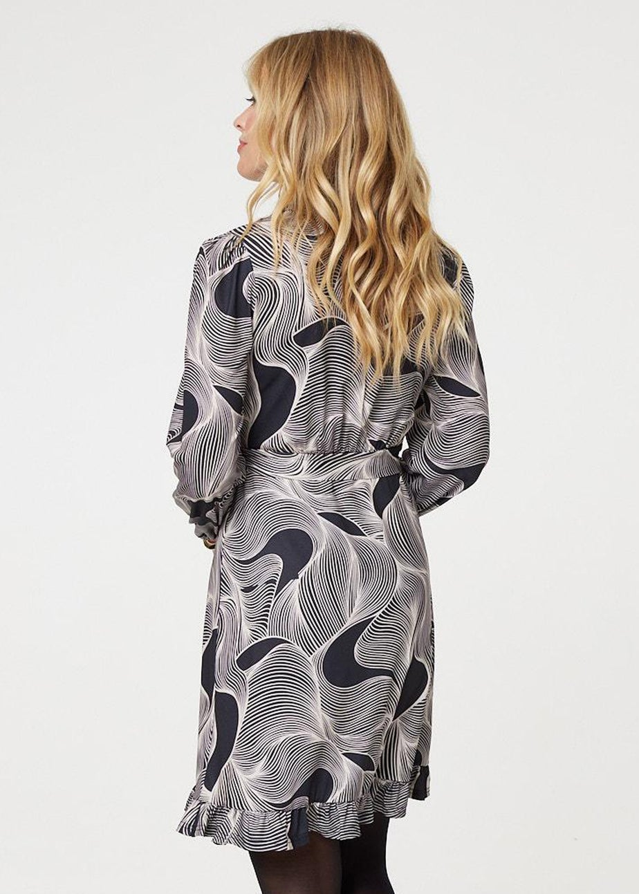 Izabel London Beige Abstract Ruffled Tie Waist Knee Length Dress