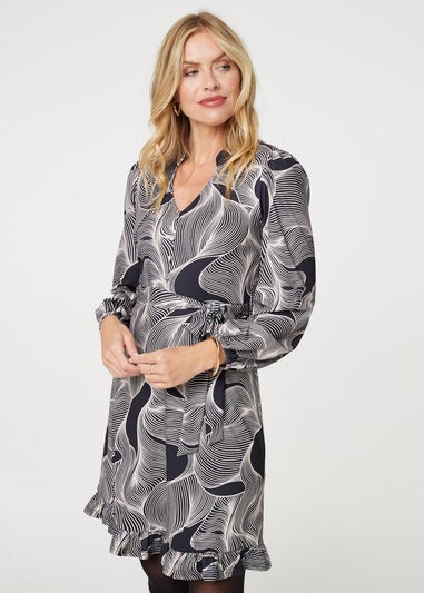 Izabel London Beige Abstract Ruffled Tie Waist Knee Length Dress