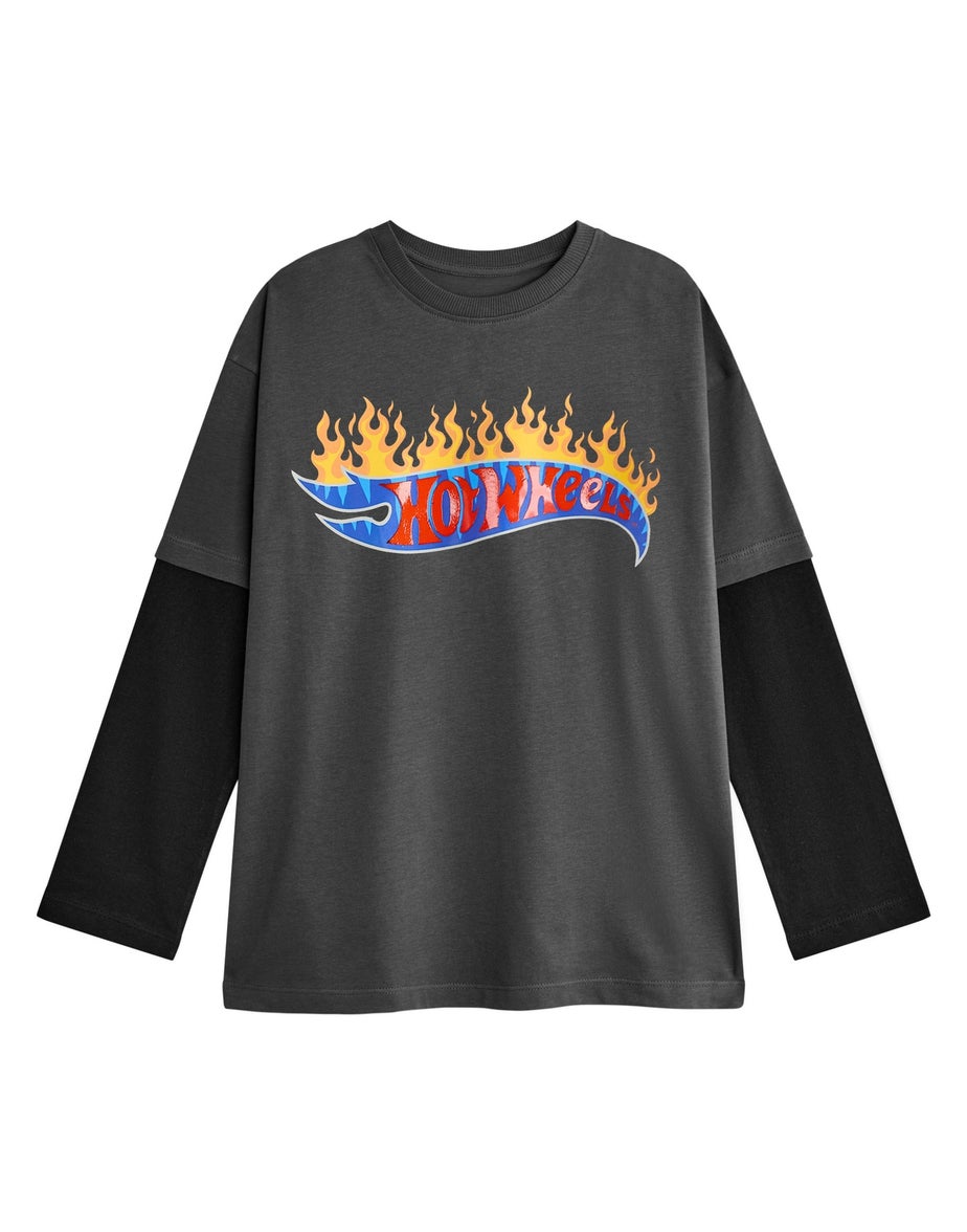 Vanilla Underground Hot Wheels Boys Grey Flame Logo Long Sleeved T-Shirt (3 - 12 Years)