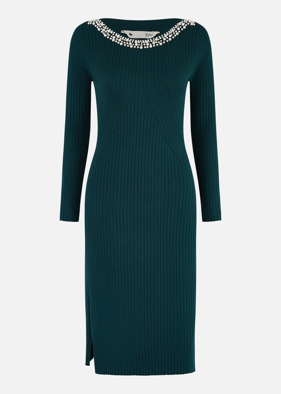 Yumi Green Pearl Neckline Fitted Midi Knitted Dress