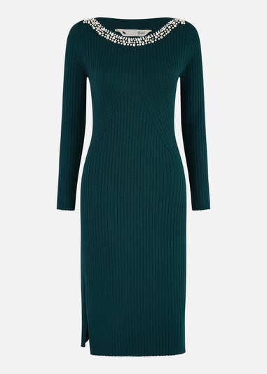 Yumi Green Pearl Neckline Fitted Midi Knitted Dress