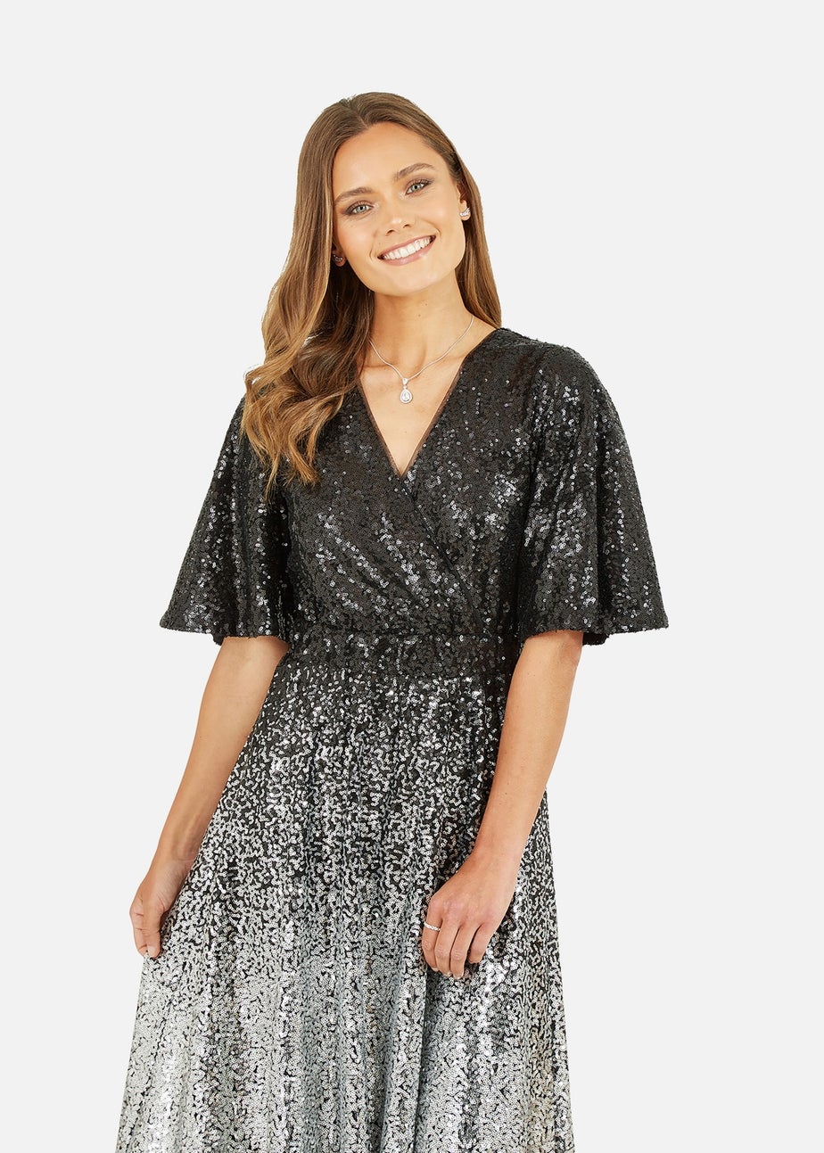 Yumi Black Sequin Ombre Midi Wrap Dress