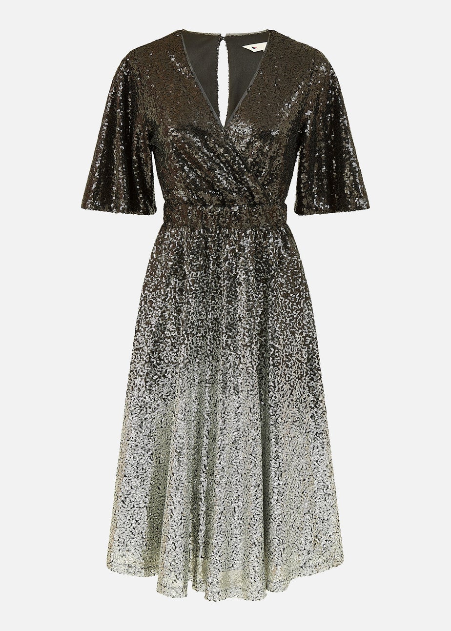 Yumi Black Sequin Ombre Midi Wrap Dress