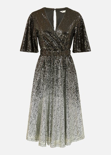Yumi Black Sequin Ombre Midi Wrap Dress