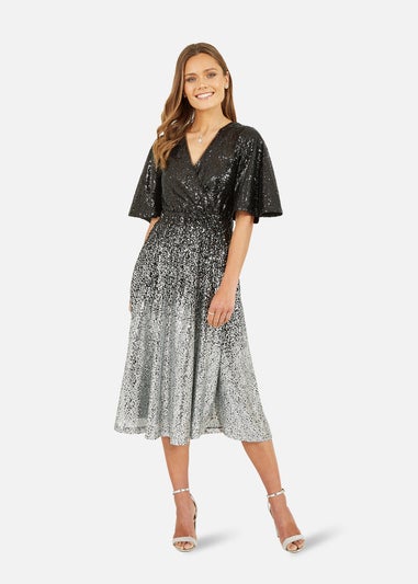 Yumi Black Sequin Ombre Midi Wrap Dress