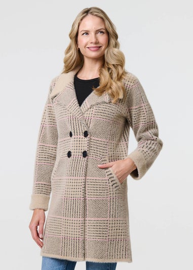 Izabel London Beige Checked Button Front Thigh Length Trench Coat
