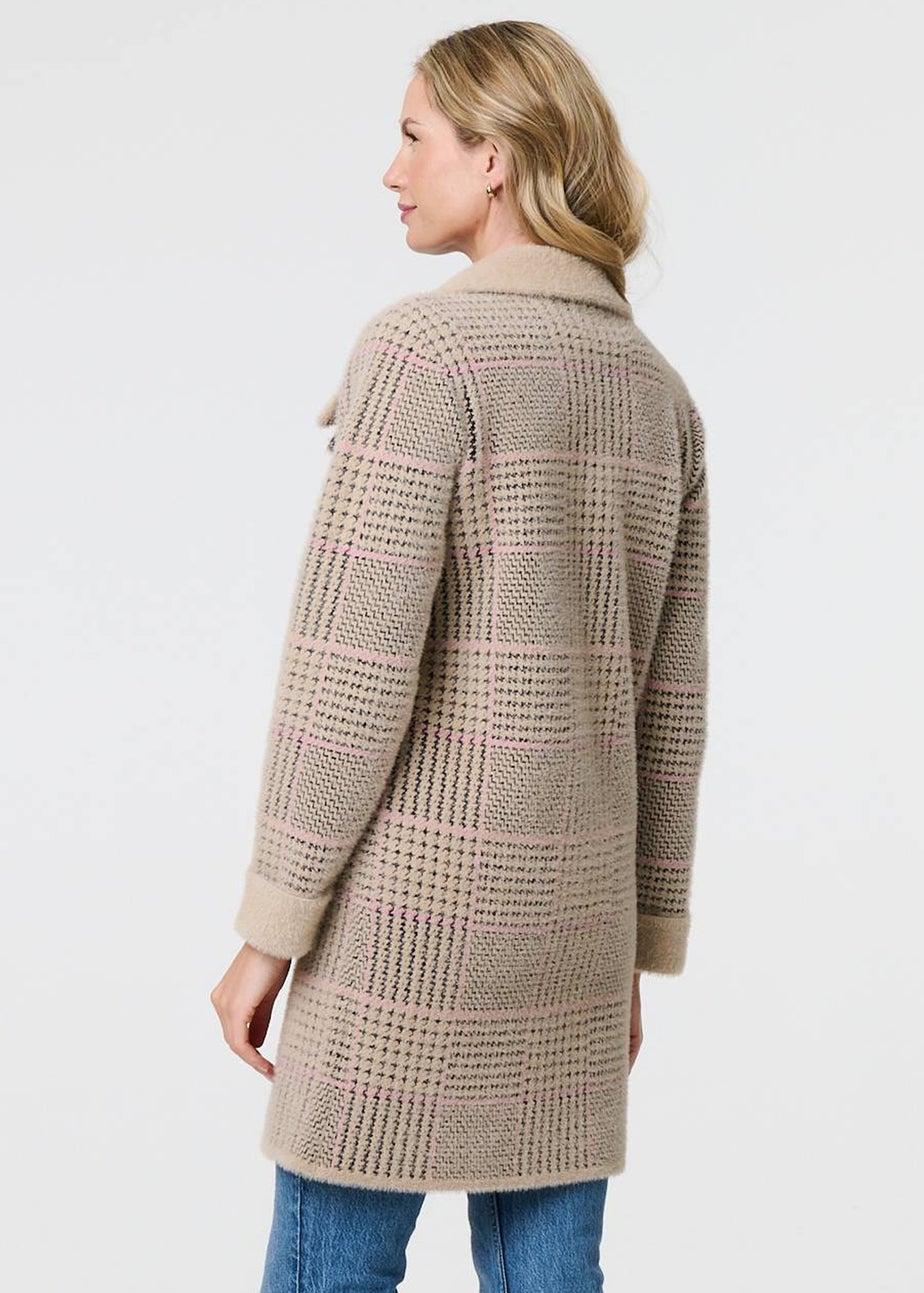 Izabel London Beige Checked Button Front Thigh Length Trench Coat