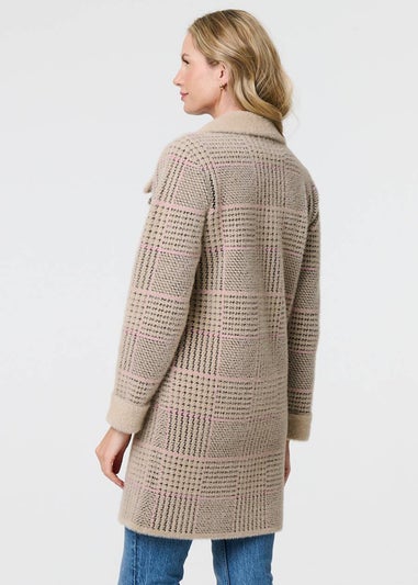 Izabel London Beige Checked Button Front Thigh Length Trench Coat