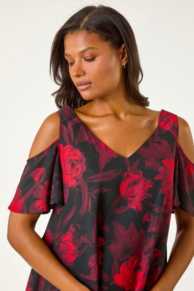Roman Red Floral Print Cold Shoulder Asymmetric Top
