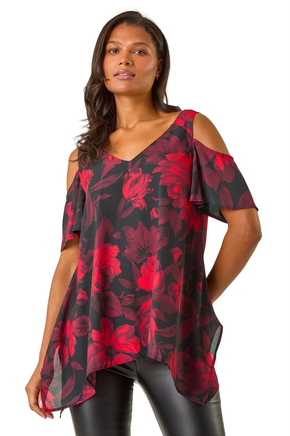 Roman Red Floral Print Cold Shoulder Asymmetric Top