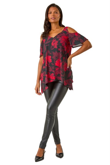 Roman Red Floral Print Cold Shoulder Asymmetric Top