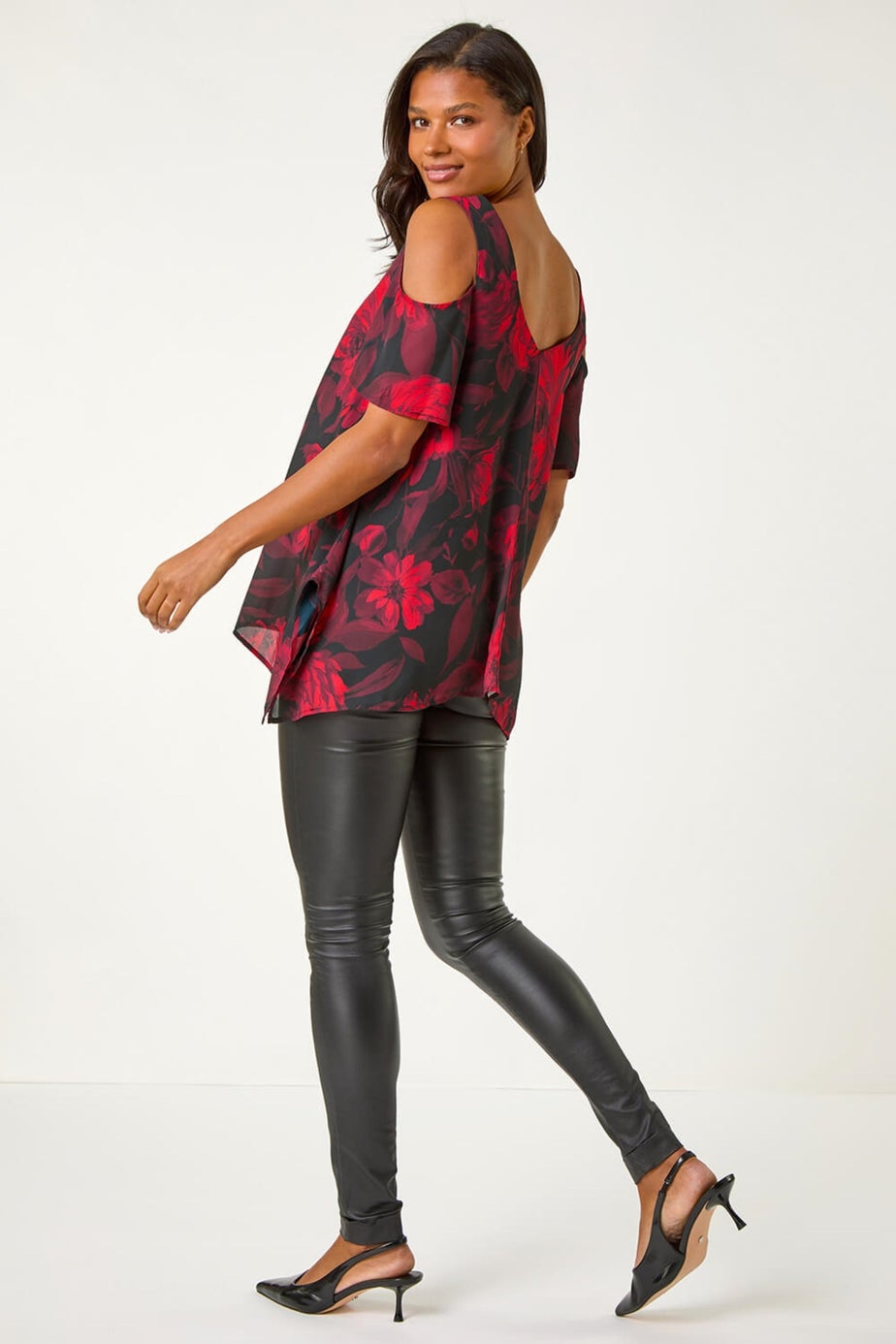 Roman Red Floral Print Cold Shoulder Asymmetric Top