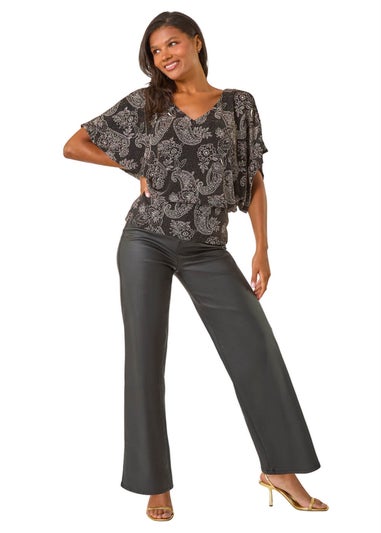 Roman Black Glitter Print Banded Hem Stretch Top