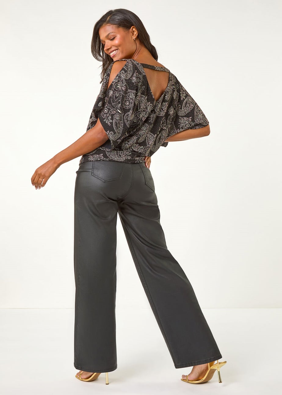 Roman Black Glitter Print Banded Hem Stretch Top