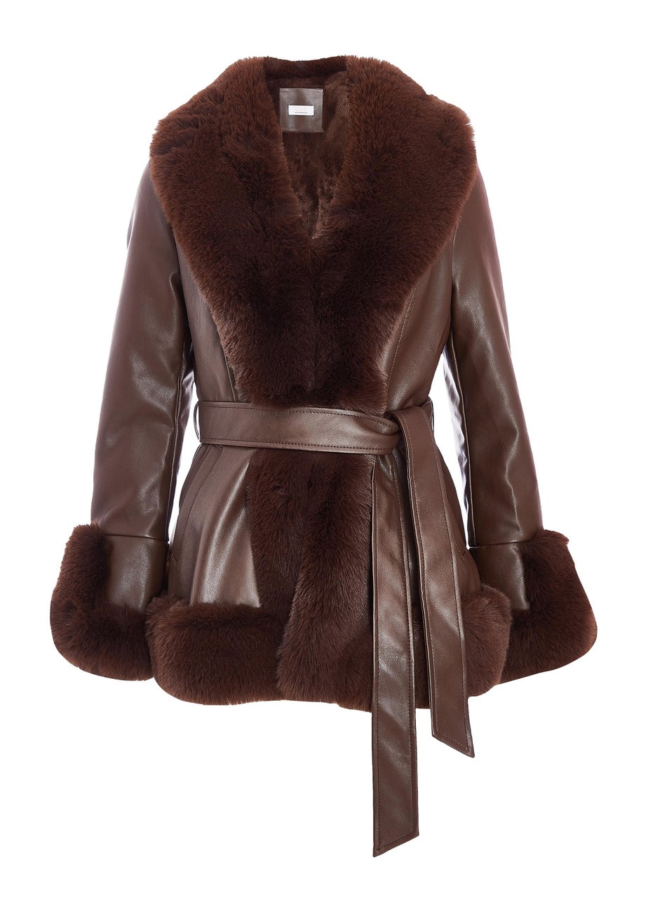 Quiz Brown Faux Leather Belted Jacket