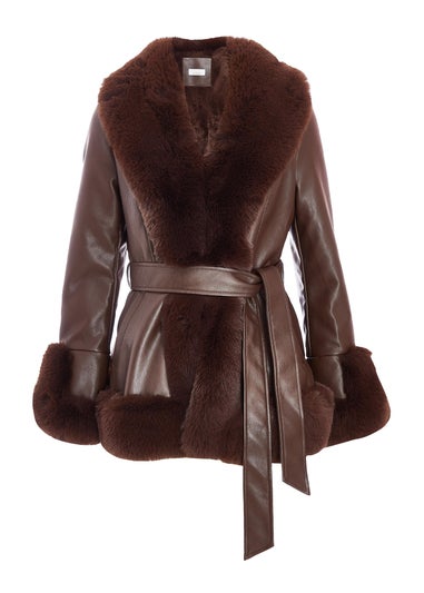 Quiz Brown Faux Leather Belted Jacket