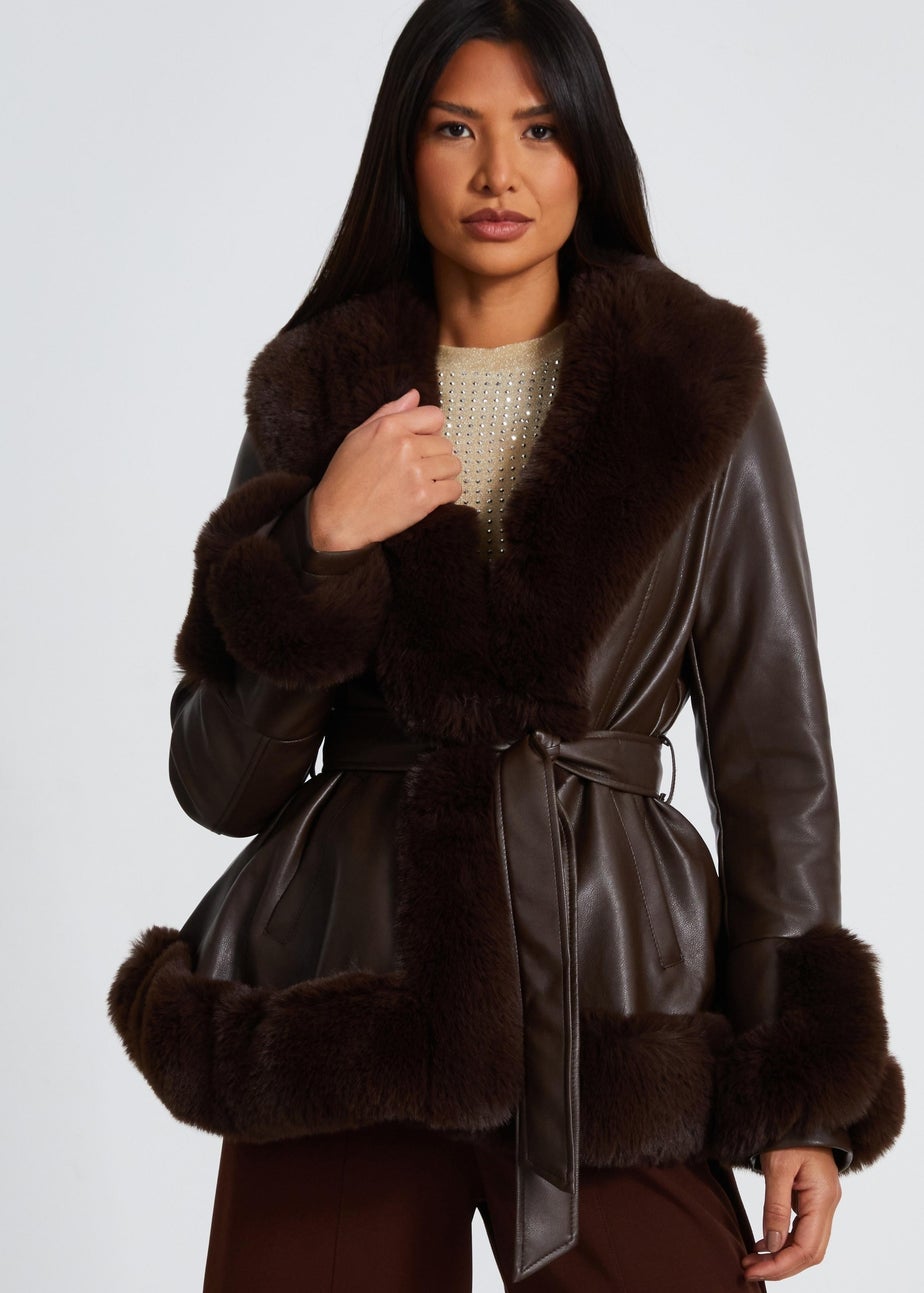 Quiz Brown Faux Leather Belted Jacket