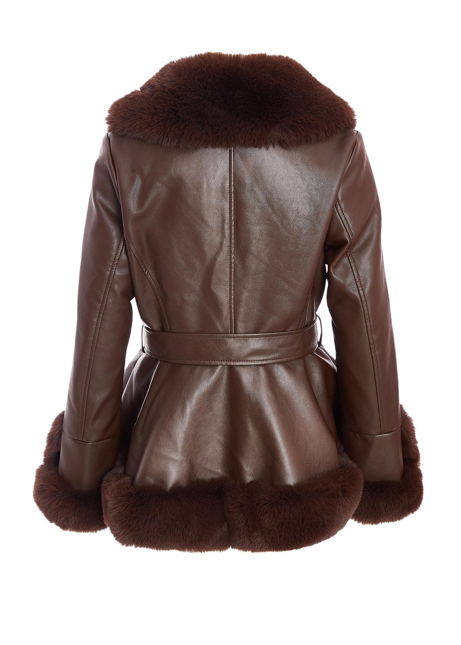 Quiz Brown Faux Leather Belted Jacket