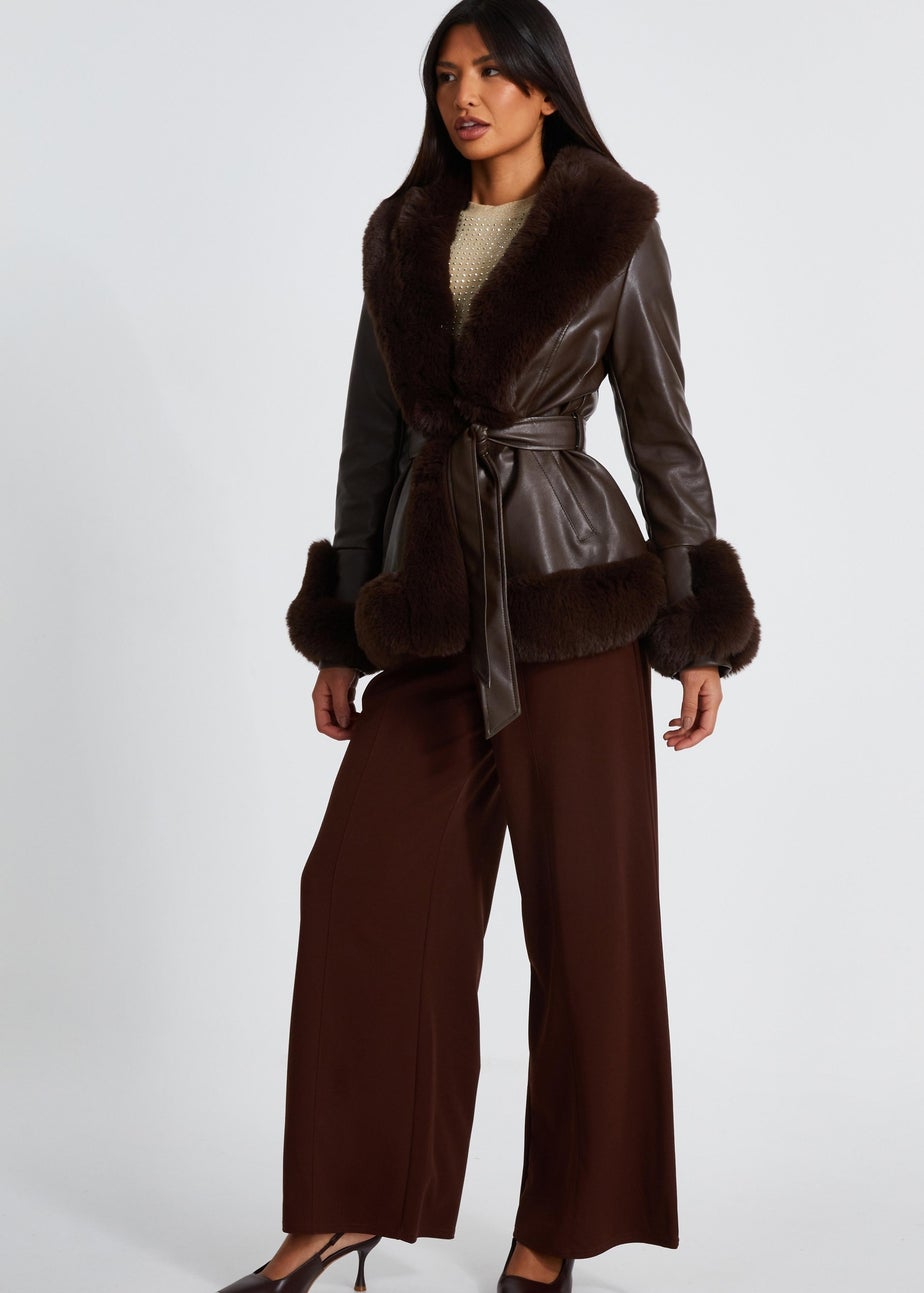 Quiz Brown Faux Leather Belted Jacket
