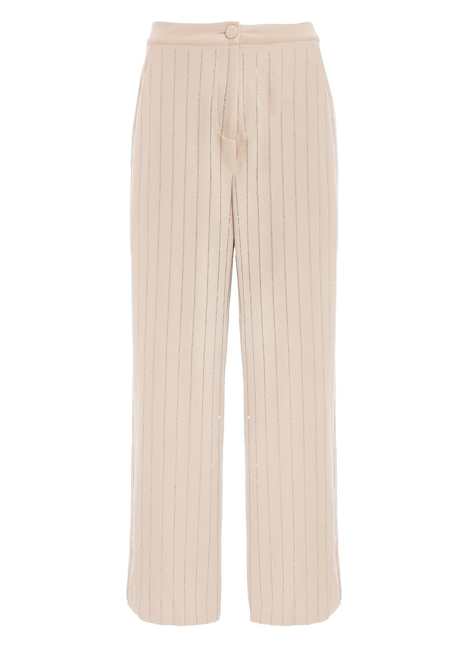 Quiz Beige Petite Diamante Pinstripe Trousers