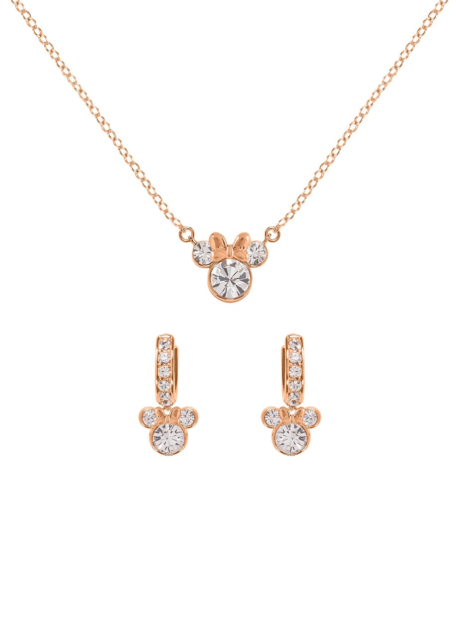 Disney Minnie Mouse Rose Gold Plated Crystal Hoop Earrings & Necklace Set