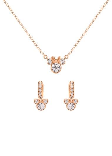 Disney Minnie Mouse Rose Gold Plated Crystal Hoop Earrings & Necklace Set