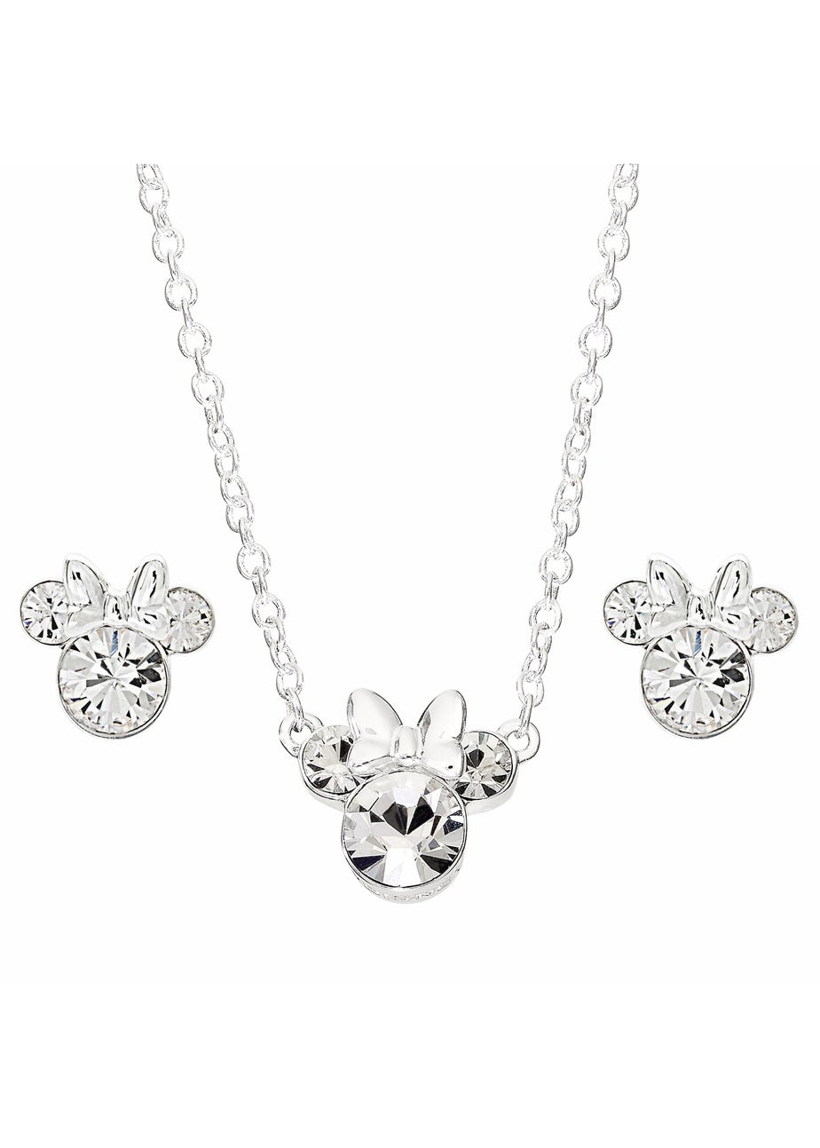 Disney Minnie Mouse Silver Plated Crystal Necklace & Stud Earring Set