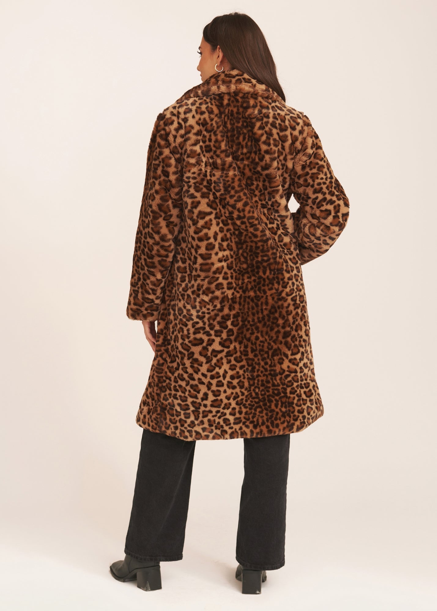 Gini London Brown Leopard Double Breasted Longline Furcoat - Matalan