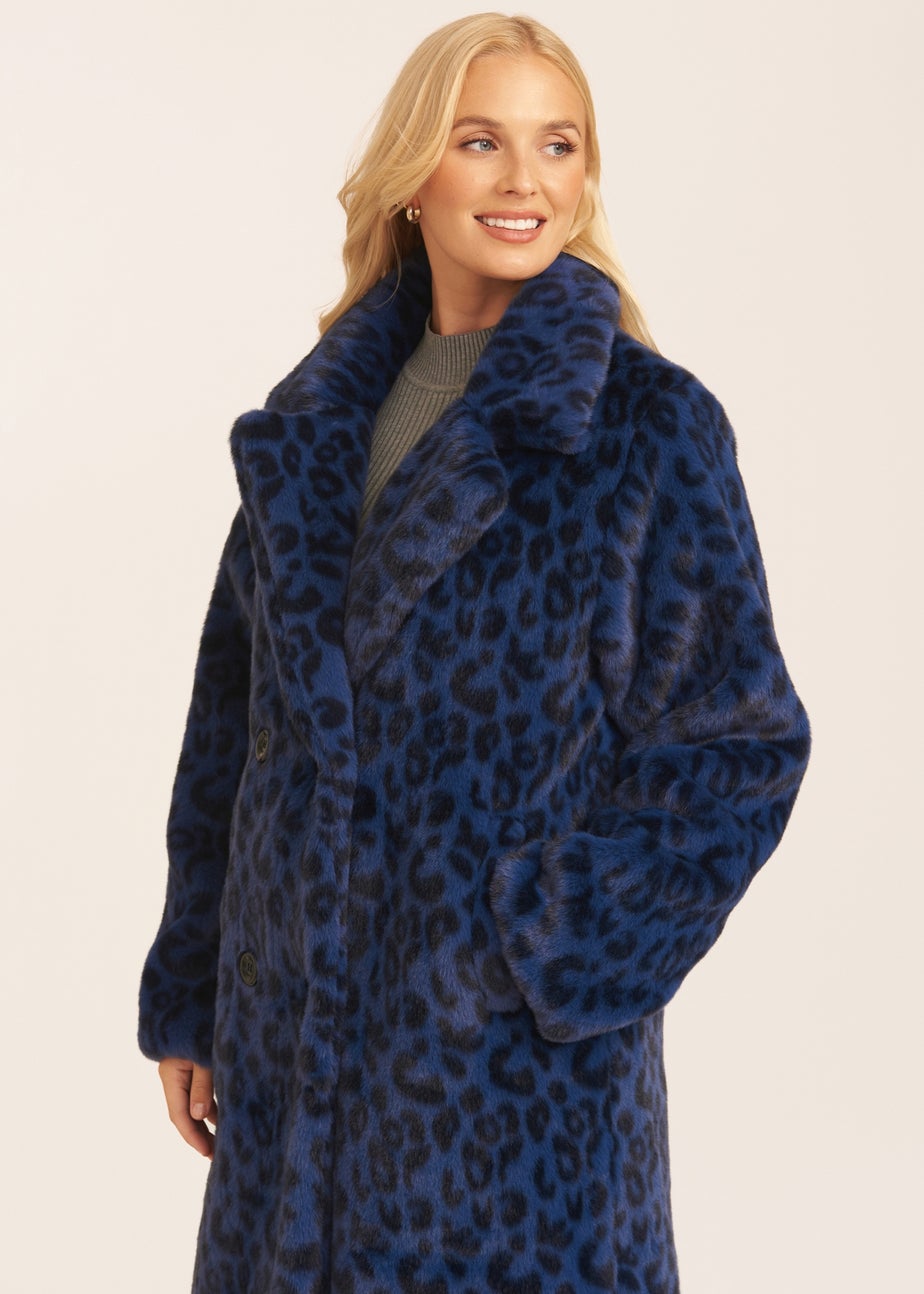 Gini London Navy Leopard Double Breasted Longline Furcoat