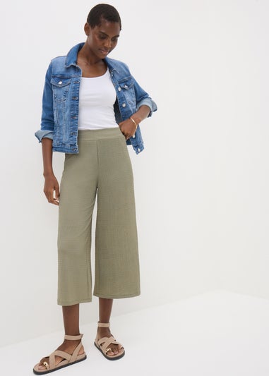Khaki Textured Cropped Trousers