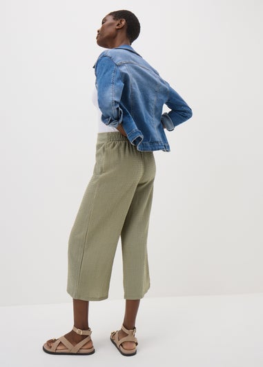 Khaki Textured Cropped Trousers